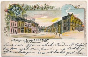 1901 Nagyszeben, Hermannstadt, Sibiu; Disznódi mutca, Római császár szálloda / Heltauergasse / street, hotel. Art Nouveau, floral, litho (fl)