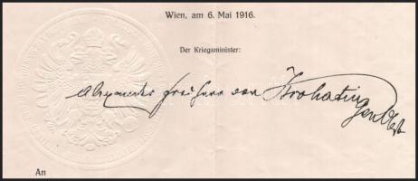 1916 K.u.k. Kriegsministerium által főhadnagy számára kiállított okmány, dombornyomott pecséttel, ny...