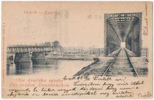 1899 (Vorläufer) Eszék, Osijek, Essegg; Oba dravska mosta / Die beiden Draubrücken / Drava railway bridge