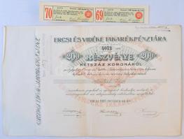 Ercsi 1927. Ercsi és Vidéke Takarékpénztára névre szóló részvénye 200K-ról, szárazpecséttel, bélyegzéssel, szelvényekkel T:III