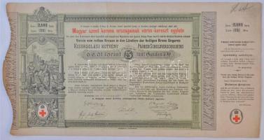 Budapest 1882. Magyar szent korona országainak vörös-kereszt egylete kisorsolási kötvénye 5Ft értékben T:III fo.