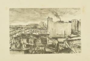 Vass Elemér (1887-1957): Tetők a Champs de Marson, Párizs. Litográfia, papír, jelzett, számozott (22/VIII.). Az 1927-ben megjelent Paris c. mappából. Paszpartuban. Paszpartu kissé foltos, szélén apró szakadásokkal. 20×32 cm