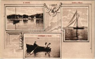 1913 Alsóörs, Balaton, kikötő, andalgás a vízen, indul a Miczi vitorlás. Divald Károly fia, Art Nouveau (EK)