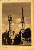 1940 Érsekújvár, Nové Zámky; Kossuth tér, Szentháromság szobor a plébániatemplommal / square, Holy Trinity statue, church (fa)