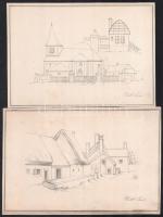 cca 1870 Döttl Teréz 18 db rajz. Házak, tájak, formák. Ceruza, papír, mind jelzett. 26x18 cm