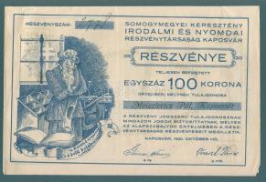 1920. "Somogymegyei Keresztény Irodalmi és Nyomdai Részvénytársaság Kaposvár" részvénye 100K-ról (4x) 3x egymásutáni, 1x egyugrású sorszámmal, szelvényekkel