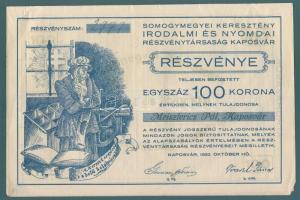 1920. "Somogymegyei Keresztény Irodalmi és Nyomdai Részvénytársaság Kaposvár" részvénye 10...