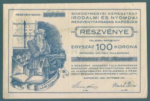 1920. "Somogymegyei Keresztény Irodalmi és Nyomdai Részvénytársaság Kaposvár" részvénye 10...