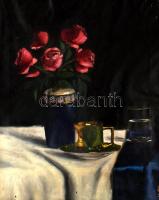 Olvashatatlan (Bá...?) jelzéssel, feltehetően a XX. sz. elején működött magyar festő alkotása: Csendélet virágokkal és porcelán csészével. Olaj, vászon. Sérült. Dekoratív fa keretben. 58×46 cm