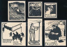 cca 1910-1920 Vegyes ex libris tétel, kartonokra kasírozva, klisé, papír, jelzések nélkül, 6 db, benne szecessziós darabokkal is, 9x9 cm és 6x5 cm közötti méretben