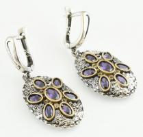 Ezüst(Ag) lila kövekkel díszített ékszerszett, fülbevaló, gyűrű (méret: 56), bruttó: 23,8 g