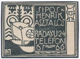 cca 1910 Kozma Lajos (1884-1948): Sipos Henrik Asztalos. Ráday u. 24. Telefon 61-66., reklám grafika, papír, klisé, kartonra kasírozva,7x9 cm