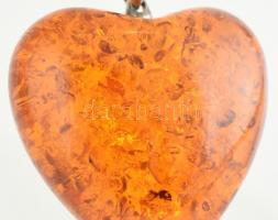 Ezüst(Ag) nyaklánc szív alakú borostyán medállal, jelzett, h: 47 cm, bruttó: 18,28 g