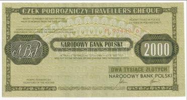 Lengyelország 1989. 2000Zl Lengyel Nemzeti Bank utazási csekk, hátoldalon Magyar Nemzeti Bank Emissziós Főosztály felülbélyegzéssel T:II Poland 1989. 2000 Zlotych Narodowy Bank Polski travellers cheque C:XF