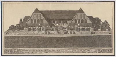 cca 1906 Györgyi Dénes (1886-1961) építész tervezte elemi iskola és népkönyvtár, illusztráció, klisé, papír kartonon, 11x23 cm