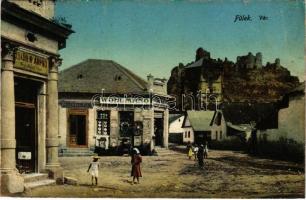 1914 Fülek, Filakovo; vár, utca, Wohl Manó vasáruraktára, Edelstein Jenő üzlete / castle, street, shops (EB)