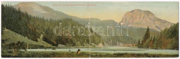 1910 Gyergyószentmiklós, Gheorgheni; Gyilkostó. Két-részes kihajtható panorámalap / Lacul Rosu / lake. 2-tiled folding panoramacard