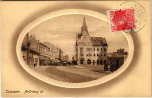 1919 Temesvár, Timisoara; Andrássy út, villamos, Csendes és Fischer kioszkja / street, tram, shop