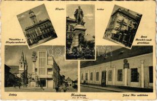 Komárom, Komárno; látkép, Városháza, Klapka szobor, Szent Benedek-rendi gimnázium, Jókai Mór szülőháza / general view, town hall, statue, high school, birthplace of Jókai (EK)