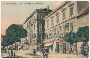 1909 Temesvár, Timisoara; Jenő herceg tér, Belváros, Temesvári Kereskedelmi Részvénytársaság váltó üzlete / square, shops, exchange bank (fl)