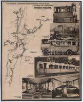 cca 1930 A budapesti H. É. V. vonalak átnézeti térképe, rajta a használt autóbuszok, elektromos mozdonyok, motorkocsik és vasúti kocsik fotóival, nyomat kartonon, 25x20 cm