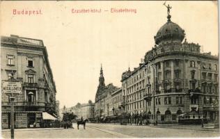 1906 Budapest VIII. Erzsébet körút, Budapesti városi vasút megállóhely, villamos, Krayer E. és Társa üzlete (kis szakadás / small tear)