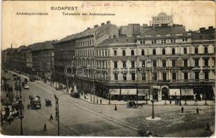 1915 Budapest VI. Andrássy út, Oktogon, Általános Reklám Vállalat, Magyar Ház étterem, buffet, üzletek, villamos (EK)