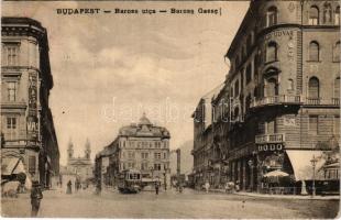 1914 Budapest VIII. Baross utca, villamos, Matild Udvar, Bodó kávéház. Fellner Mór kiadása (EK)