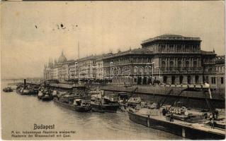 1909 Budapest V. M. kir. Tudományos Akadémia a rakparttal, uszályok (EK)