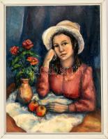 Halpert Mária (1942-): Hölgy virágokkal. Olaj, farost, jelzés nélkül, hátoldalán feliratozott. Fa keretben. 79×59 cm