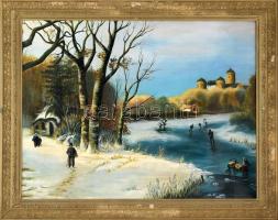 Jelzés nélkül: Téli jelenet. Olaj, vászon. Dekoratív, sérült fa keretben. 64×84 cm