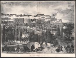Vegyes 1848-49-es ütközeteket ábrázoló nyomtatvány tétel, 3 db: Budavár bevétele, a temesvári csata, a világosi fegyverletétel, 21x29 cm és 16x26 cm közötti méretben