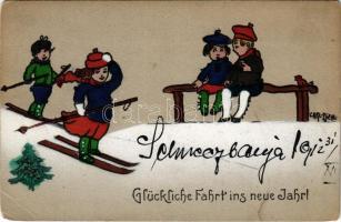 1912 Glückliche Fahrt ins neue Jahr! / New Year with skiing children / Újévi üdvözlet síelő gyerekekkel s: Carl Diehl (EK)