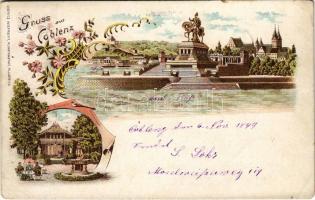 1899 (Vorläufer) Koblenz, Coblenz; Trinkhalle, Rheinanlagen, Provinzial Denkmal Kaiser Wilhelm I / drinking hall, statue. Moritz Wieprecht Art Nouveau, floral, litho (EK)
