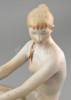 Zsolnay kavicson ülő nő, színesen festett porcelán, Jelzés nélkül, kopott, több helyen mázhibákkal, ...