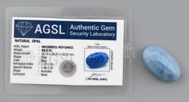 Nyers, kék, ovális, opál, fazettált, opak. M: 68.0 ct, 35,15x20,20x16,53mm, származás: Ausztrália. Authentic Gem Security Laboratory (AGSL) certifikációval.