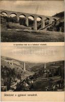 1910 Csíkgyimes, Gyimes, Ghimes; A karakkai híd és a ladakai viadukt. 64 méter magas Gyimes-Karakkó híd, Karakó völgyhíd, viadukt a Gyimesi vasútvonalon. Adler fényképész. Markovics Nathanné kiadása / railway bridge, viaduct on the Ghimes railway line + GYIMES - BRASSÓ 246. SZ. A vasúti mozgóposta bélyegző (EK)
