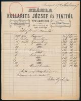 1874 Bp., Kollarits József és Fiai Kész Fehérnemű és Menyasszonyi Készletek fejléces számla