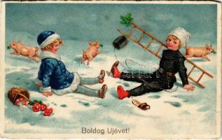 1934 Boldog újévet! Kéményseprő / New Year greeting, chimney sweeper. 4702-1. litho