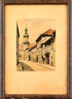 Autheried Camilloné Hannibál Gizella (1881-1978): Soproni részlet a Tűztoronnyal. Akvarellel színezett nyomat, papír, jelzett a nyomaton. Üvegezett, sérült fa keretben. 17x12,5 cm
