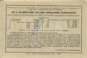 1947. Egész sorsjegy 50.000Ft az V.Újjáépítési Állami Sorsjátékra T:II