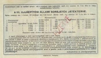 1947. Fél sorsjegy 50.000Ft a III.Újjáépítési Állami Sorsjátékra T:II+