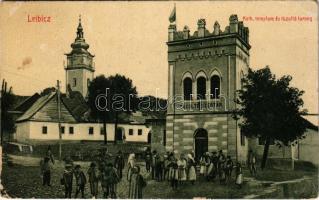 1910 Leibic, Leibicz, Leibitz, Lubica; Római katolikus templom, Tűzoltótorony, Tűzoltószertár. W.L. Bp. 2881. Kiadja Götz Amália / Catholic church, firefighter depot, fire tower (EK)