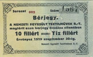 Nemzeti Egyesült Textilművek R.T. 1919. 10f sorozatszám:fekete, 6mm T:I