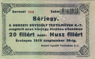 Nemzeti Egyesült Textilművek R.T. 1919. 20f sorozatszám:fekete, 6mm T:I