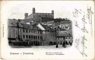 1901 Pozsony, Pressburg, Bratislava; Hal tér és Királyi vár, üzletek. A. Bernas kiadása / Fischplatz u. Schlossruine / square, castle, shops (Rb)