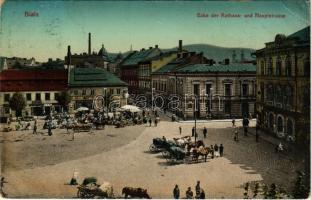 1913 Bielsko-Biala, Bielitz; Ecke der Rathaus und Hauptsrasse, Wein und Bier / town hall, main street, market, wine and beer hall