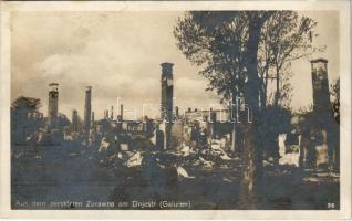 1916 Zhuravne, Zhuravno, Zurawno; Aus dem zerstörten Zurawno am Dnjestr (Galizien) / WWI ruins in Galicia + M. kir. 22. honvéd gyalogezred vonatparancsnok K.U.K. FELDPOSTAMT 23 (EK)