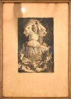 Prihoda István (1891-1956): Lány puttókkal. Rézkarc, papír, jelzett. Foltos. Dekoratív, régi üvegezett fa keretben. 29x19 cm