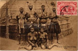 A Zulu and his wives. South African folklore, half-naked women
